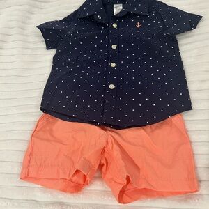 Carter’s Baby Boy Navy Polka Dot Shirt and Coral/Pink Shorts Set